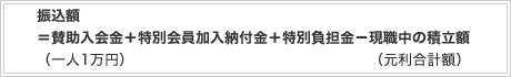 振込額＝賛助入会金（一人1万円）＋特別会員加入納付金（下表参照）＋特別負担金ー現職中の積立額（元利合計額）