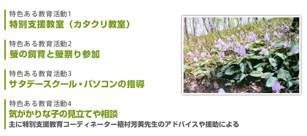 特別支援教室（カタクリ教室）螢の飼育と螢祭り参加 サタデースクール・パソコンの指導 気がかりな子の見立てや相談